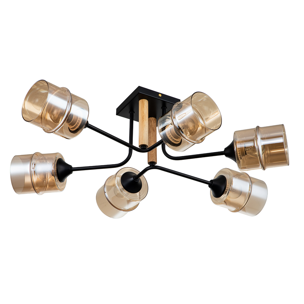 Потолочный светильник 6x60Вт E27,  металл/стекло/дерево, черный/прозрачный плафон