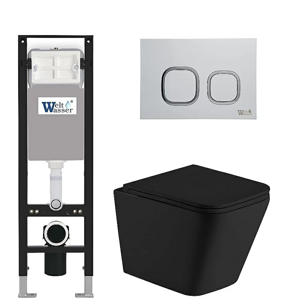 Унитаз подвесной WeltWasser AMBERG 350 + GELBACH 043 MT-BL + AMBERG RD-WT черный матовый, безободковый, с крышкой микролифт, слив-торнадо, с инсталляцией и белой кнопкой