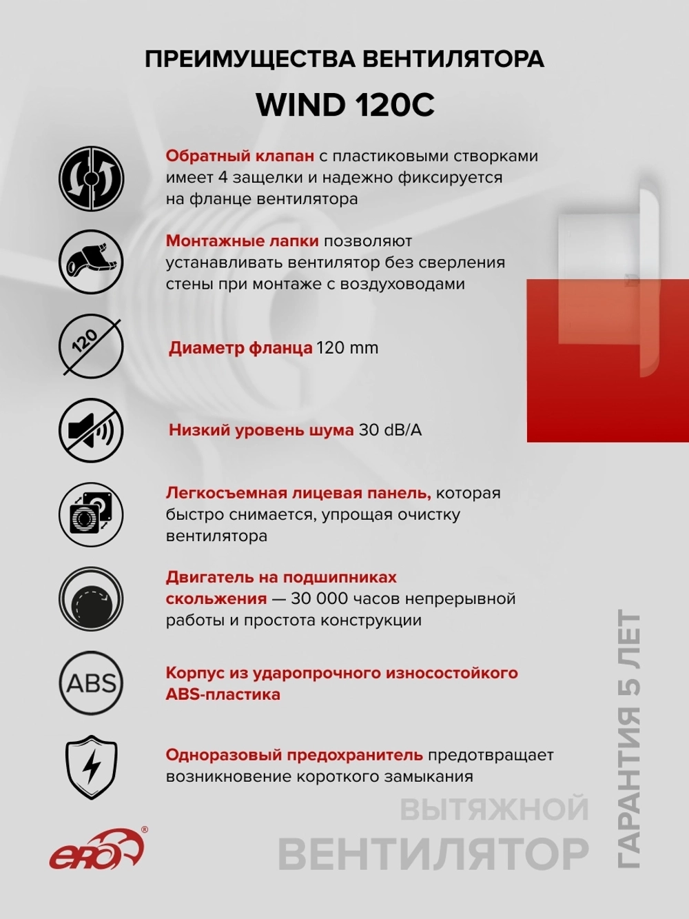 Вентилятор накладной WIND D120 обр.клапан ERA