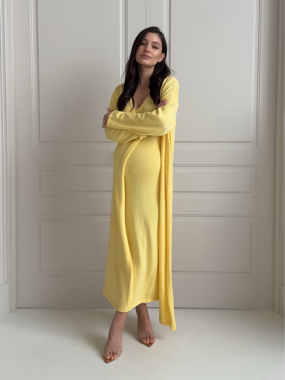 Комплект вязаный, платье на лямках и длинный кардиган