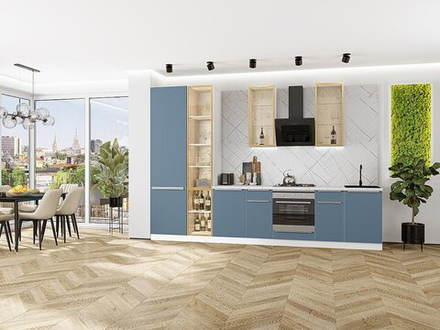 Прямая модульная кухня Фьюжн-08 Silky Blue - Белый 2340*3400*600