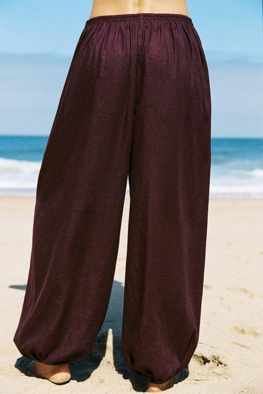 ZARA БРЮКИ-ШАРОВАРЫ ИЗ ЛЬНА, БАКЛАЖАНОВЫЙ