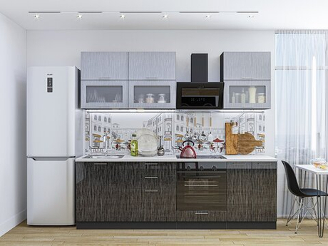 Прямая модульная кухня Валерия-М-01 Серый металлик дождь светлый/Черный металлик дождь - Graphite 2140*1800*600