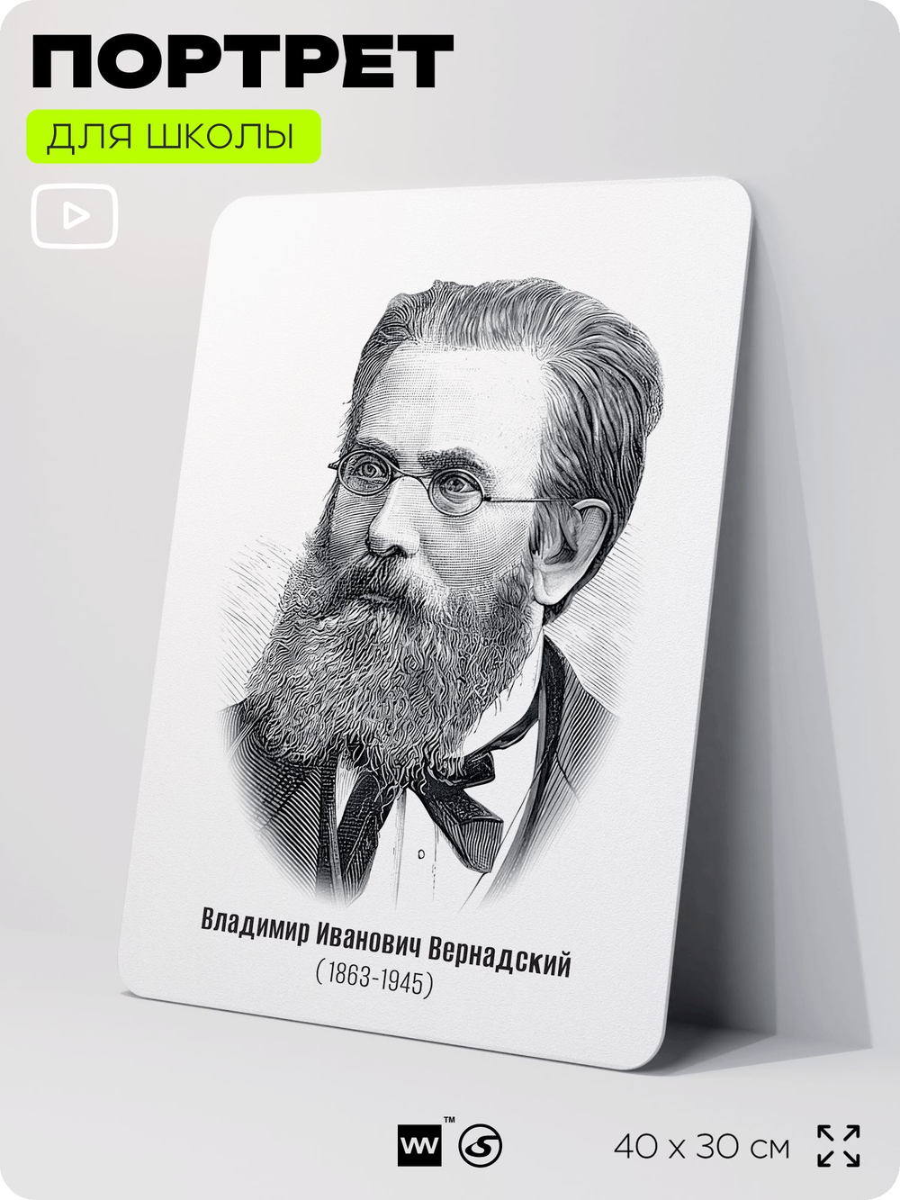 Портрет для школы в кабинет биологии "Владимир Иванович Вернадский", стенд школьный для класса, деятели науки для оформления классного уголка, 40х30 см, Silver Plane x Айдентика Технолоджи
