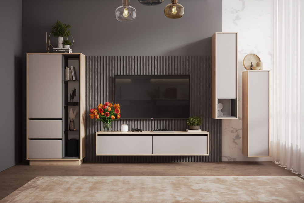 Шкаф-пенал напольный с полками для гостиной Рэя Туя светлая/Кашемир 72х32х150