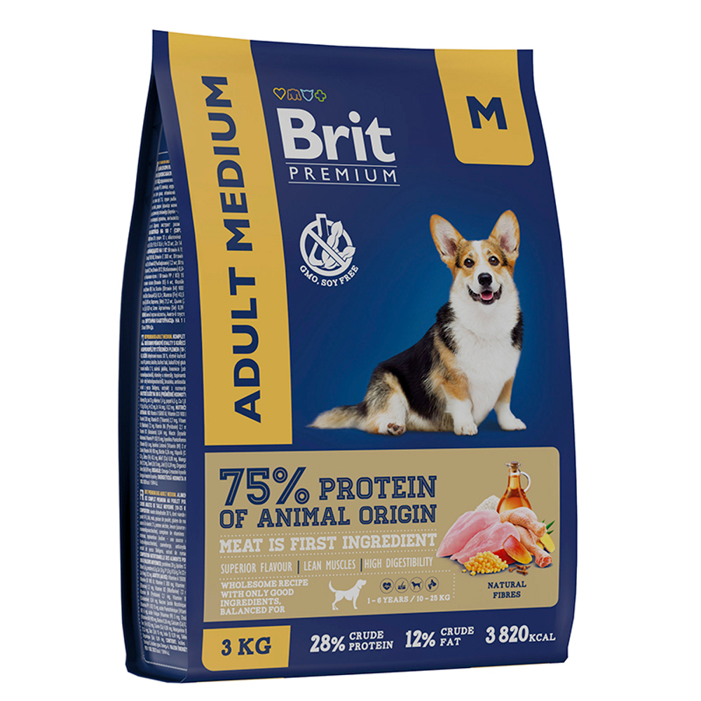 Сухой Корм Brit Premium Adult Medium с курицей 3кг, для собак ср.пород (10-25 кг) 06.25
