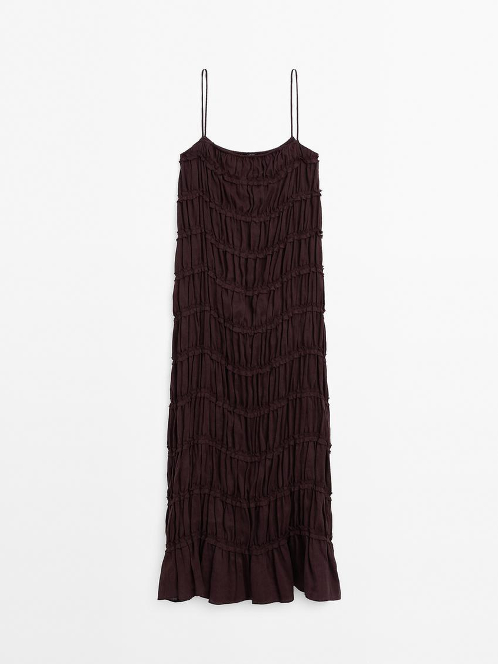 Massimo Dutti Длинное платье из струящейся смесовой льняной ткани, бордо