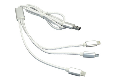 Кабель для зарядки USB (3-в-1)  ( Apple Lightning 8Pin, USB Type-C, USB-Micro) ШНУРОК. 1m. Белый