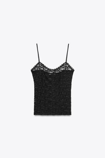 ZARA КРУЖЕВНОЙ ТОП НА БРЕТЕЛЯХ, ЧЕРНЫЙ