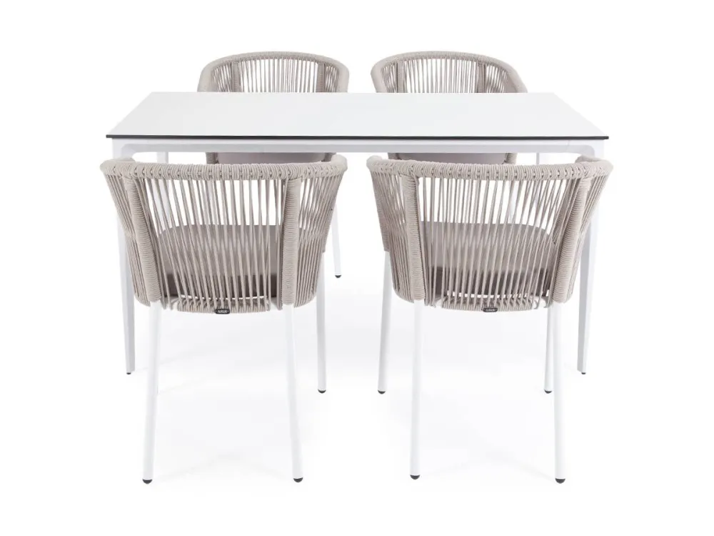 "Малага" обеденная группа на 4 персоны со стульями "Марсель", каркас белый, роуп бежевый