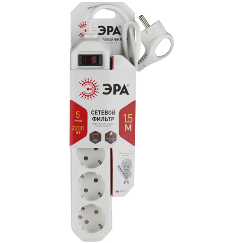 Сетевой фильтр ЭРА USF-5es-1.5m-W с базовой защитой с заземлением с выключателем 5 розеток 1,5м 10А белый | Сетевые фильтры