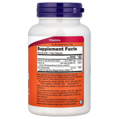 NOW Foods, Цинк C-1000 и D-3, 100 растительных капсул
