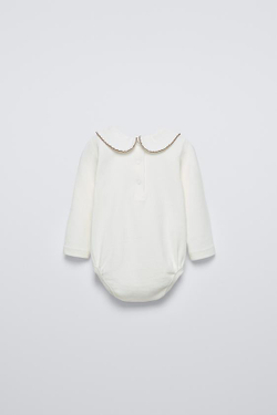 ZARA БОДИ С ВЫШИВКОЙ НА ВОРОТНИКЕ, СВЕТЛЫЙ ЭКРЮ