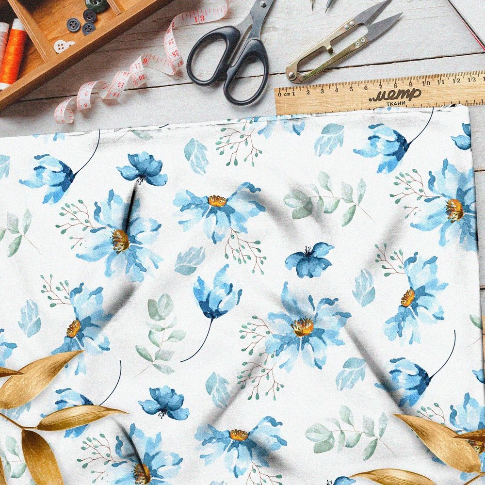 Ткань бифлекс голубые лёгкие цветы