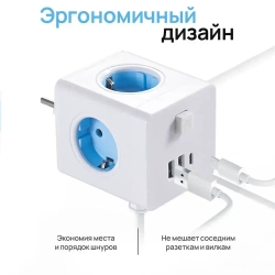 Тройник для розетки/Разветвитель электрический с USB, 4 гнезда 220V, 2 USB 2100mA / 1 Type-C 3400mA.