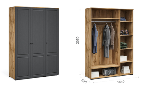 Спальня Лацио Сканди Шкаф 3д Вотан/Сканди графит (ручка чёрная)