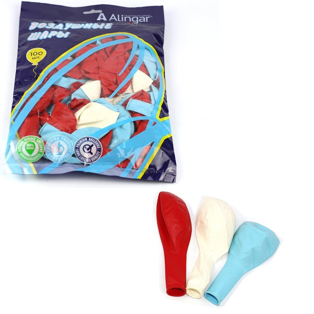 Шар воздушный Alingar, №12, "Триколор", цвета ассорти ( белый, голубой, красный), 100шт/уп, пакет с европодвесом