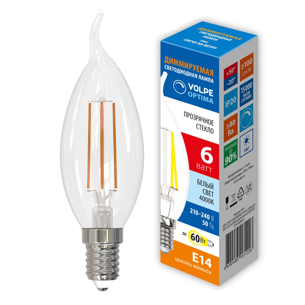 LED-CW35-6W-4000K-E14-CL-DIM-SLF Лампа светодиодная диммируемая. Форма свеча на ветру. прозрачная. Белый свет 4000K. ТМ Volpe
