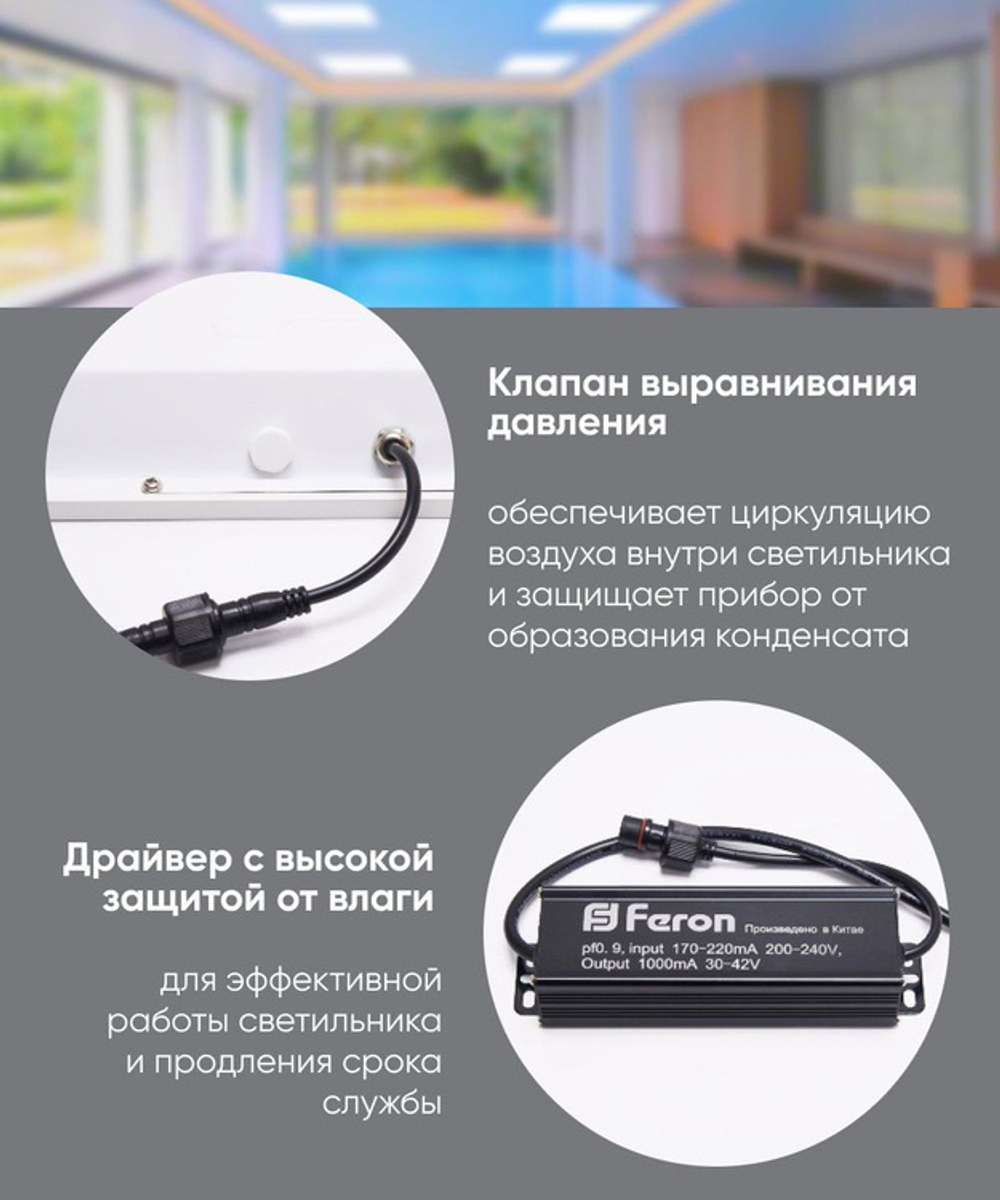 Светильник LED-панель ДВО-40w 595х595х32 4000К 4200Лм опал IP54 AL2154 Feron 41298