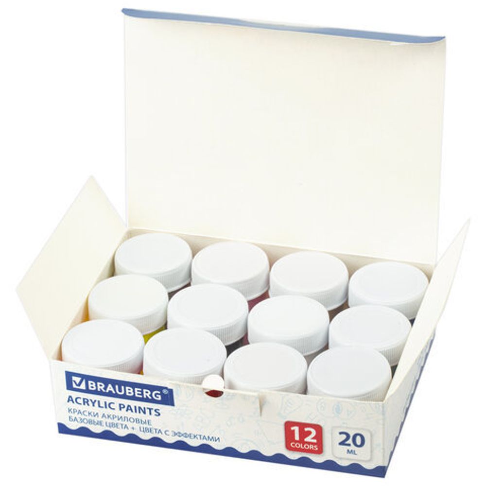 Краски акриловые для рисования и хобби BRAUBERG 12 цветов ассорти по 20 мл (6 базовые + 6 с эффектами), 191607