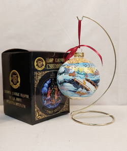 Шар новогодний с ручной росписью Палех "Лиса и зайцы" в коробке