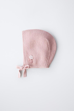 ZARA ЧЕТРИКОТАЖНЫЙ ЧЕПЧИК ВЯЗКИ ИНТЕРЛОК С ЦВЕТАМИ КРОШЕ, СВЕТЛО-РОЗОВЫЙ