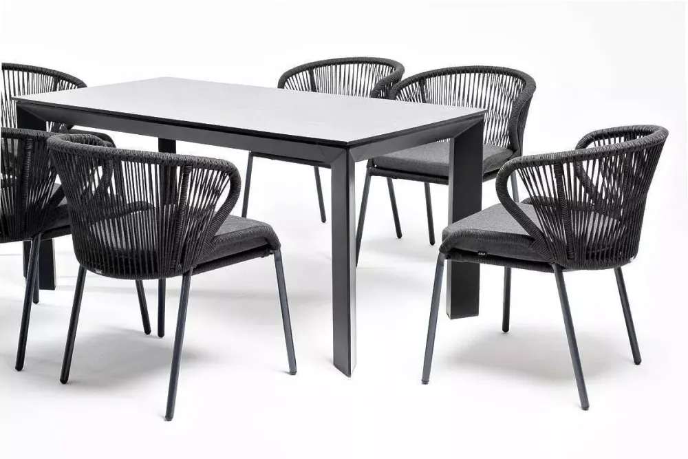 "Венето" обеденная группа на 6 персон со стульями "Милан", каркас темно-серый, роуп темно-серый