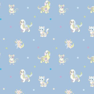 Собака кошка мышка аксолотль разноцветные на голубом