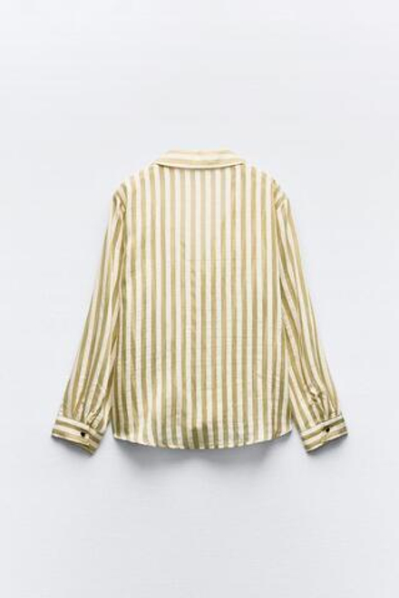 ZARA РУБАШКА СВОБОДНОГО КРОЯ В ПОЛОСКУ, ЭКРЮ/ЗЕЛЕНЫЙ