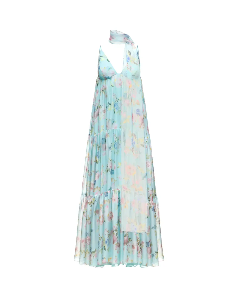 Флёр макси (Fleur maxi), платье макси из голубого шифона с цветочным принтом