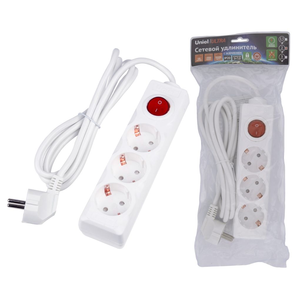 S-GCU3-2B WHITE Удлинитель серии Ultra. шнур 2м.. 3 гнезда. 16A. с-з. Белый. TM Uniel