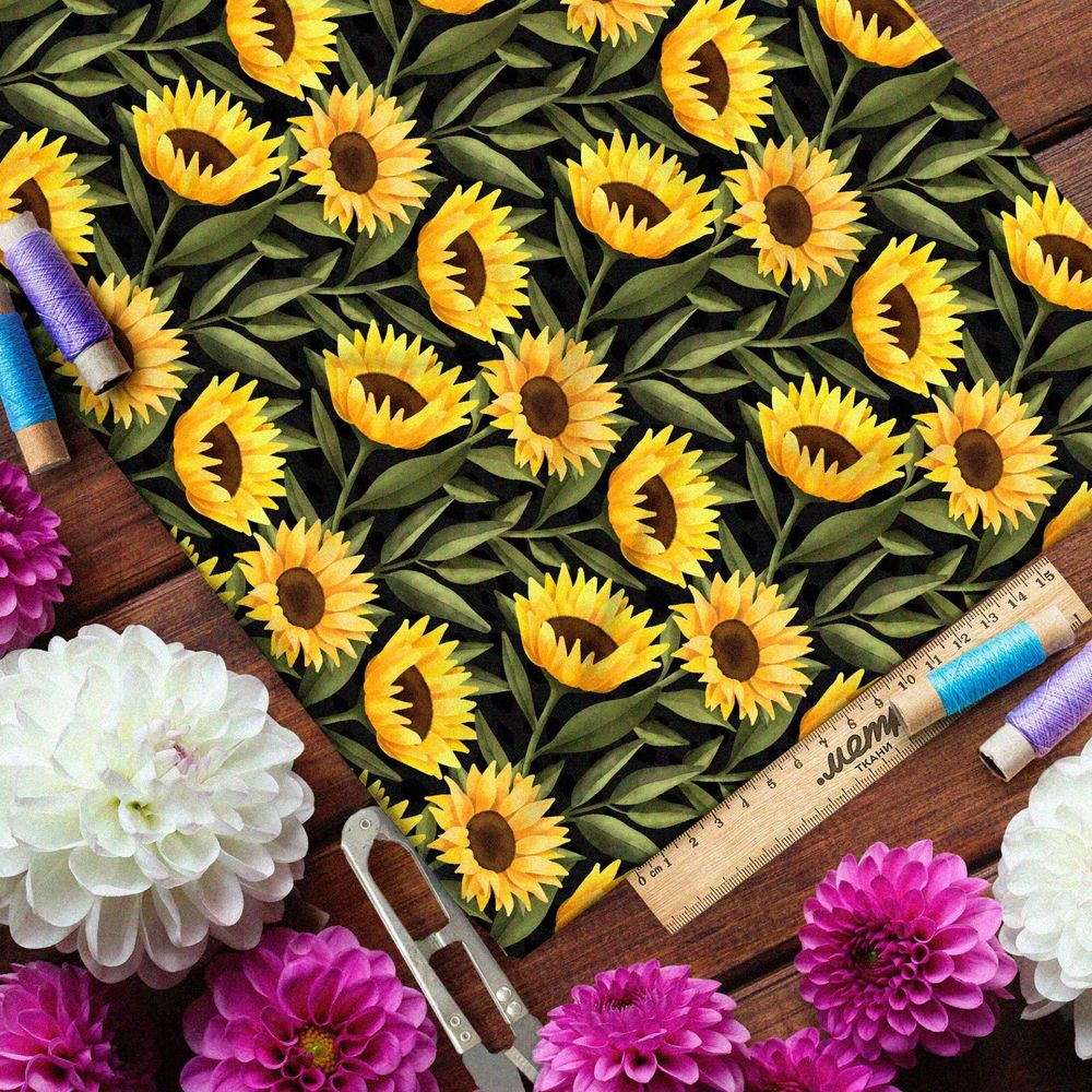 Ткань шелк Армани яркие подсолнухи на чёрном фоне