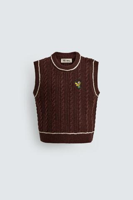ZARA X DISNEY ТРИКОТАЖНЫЙ ЖИЛЕТ С НАШИВКОЙ PLUTO, КОРИЧНЕВЫЙ