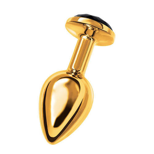 Маленькая золотистая анальная втулка 7,2см с чёрным кристаллом ToyFa Metal 712006