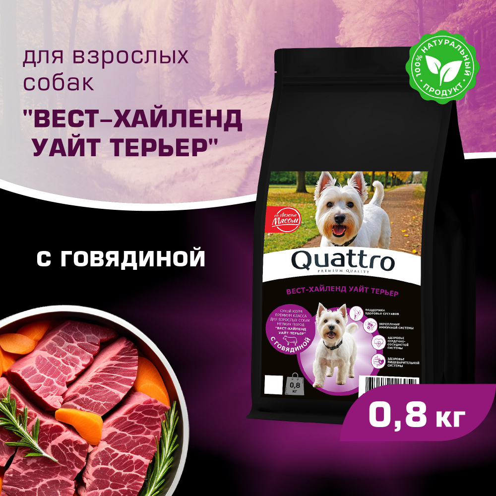 Корм сухой для взрослых собак породы Вест-хайленд уайт терьер, с говядиной, 800 гр, QUATTRO