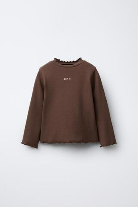 ZARA ФУТБОЛКА В РУБЧИК С ВЫШИВКОЙ, ШОКОЛАДНО-КОРИЧНЕВЫЙ