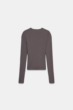 ZARA ТОП В РУБЧИК С ДЛИННЫМИ РУКАВАМИ, КОРИЧНЕВЫЙ