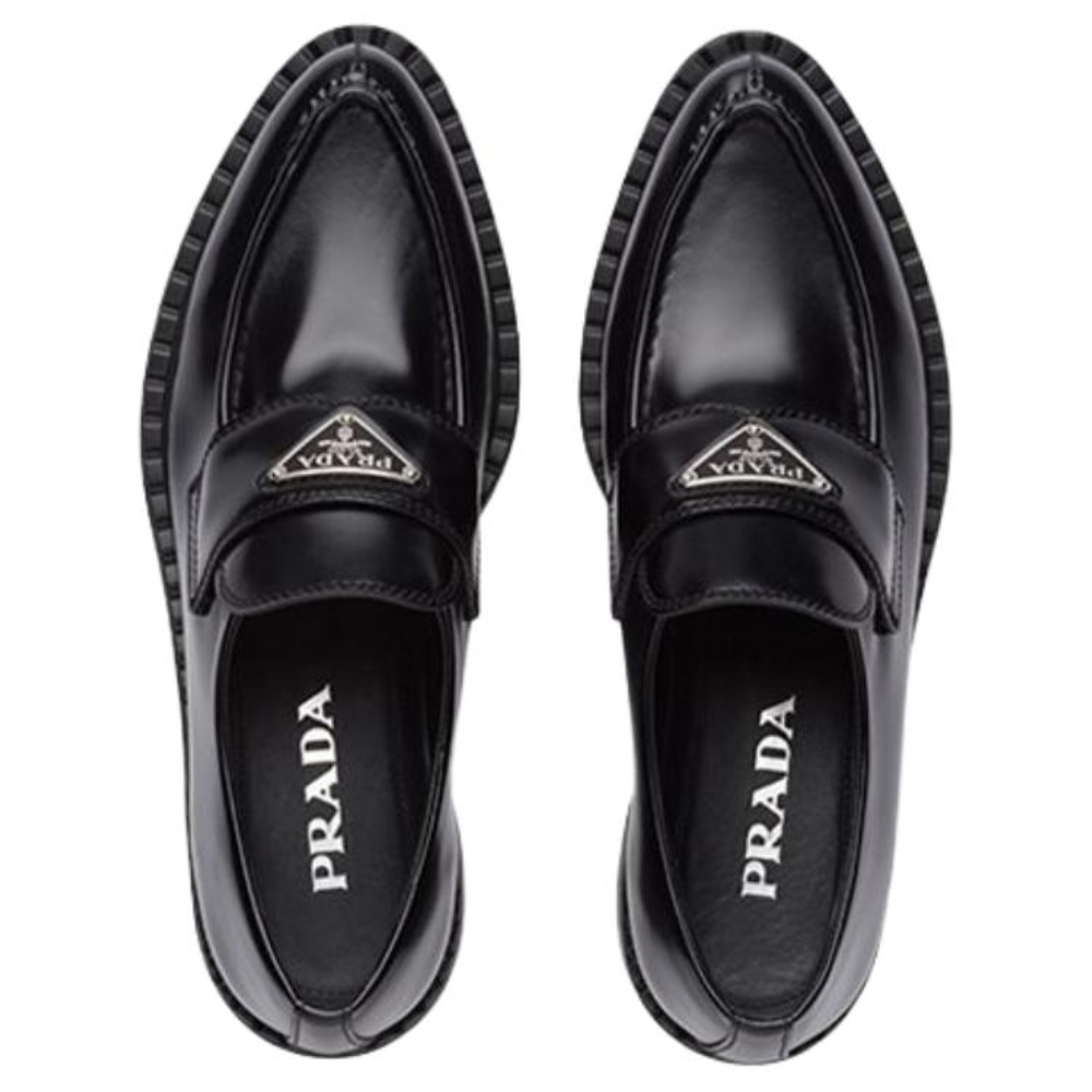 PRADA Brushed Leather Pointy Monolith Loafers "Black" Women"s