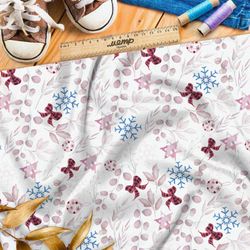 Ткань оксфорд 600 красные листья, клетчатые банты и снежинки