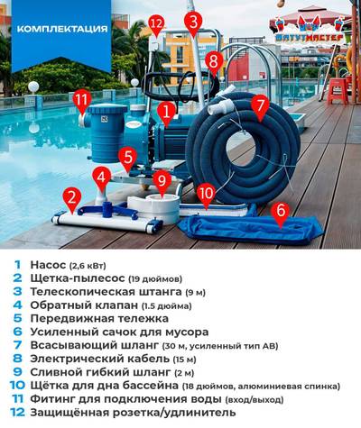 Набор для чистки бассейна с насосом 2,6 кВт и пылесосом — до 600 м²