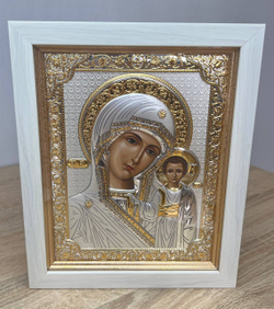 Казанская БМ, икона прямоугольная в рамке под стеклом, белое дерево 206х258