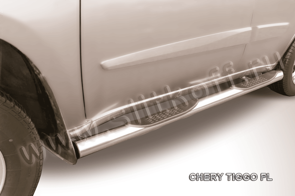 Пороги из нержавейки Chery Tiggo FL (2011-2016) d76 с проступями (черный цвет)