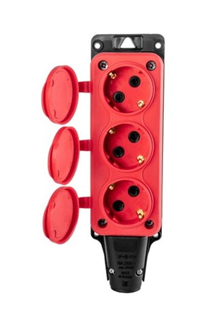 Розетка (колодка) трехместная DYNEL с крышками с/з каучук 2P+PE 230V 16А IP54 Красная (1/7)