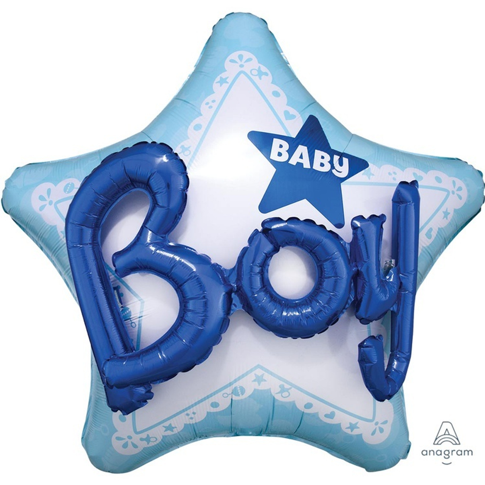 Фольгированная фигура, звезда с рисунком, Baby Boy звезда голубая, 32"/81СМ