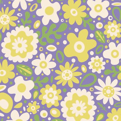 Яркие весёлые цветы в стиле 60-х на сиреневом фоне