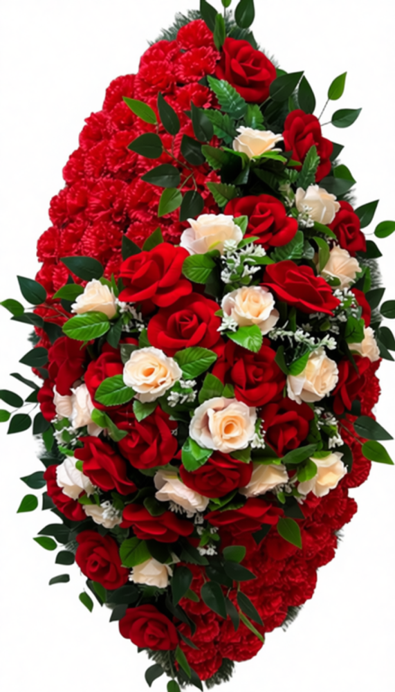 Венок на похороны из искусственных красных и кремовых роз с зеленью 125 см