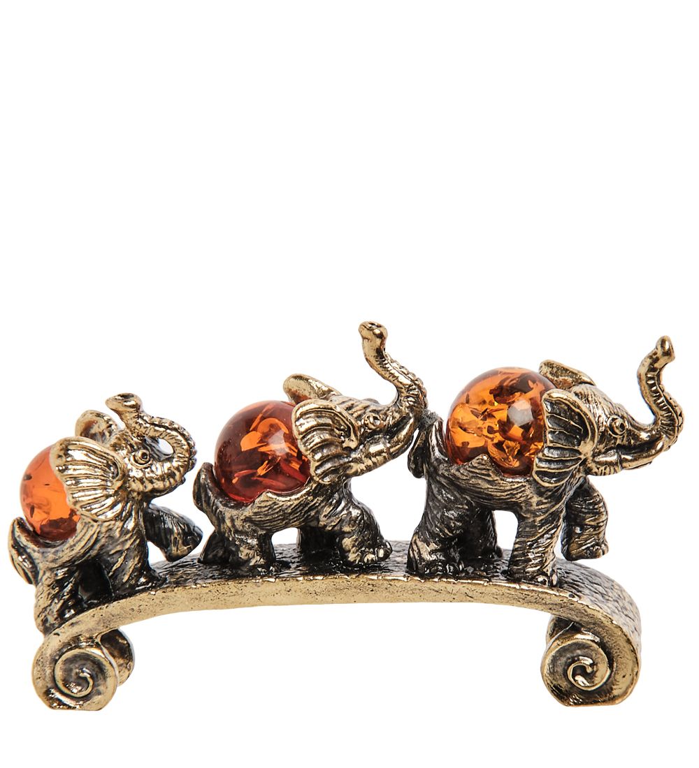 Народные промыслы AM-2193 Фигурка «Слоны - ум, честность, доброта» (латунь, янтарь)