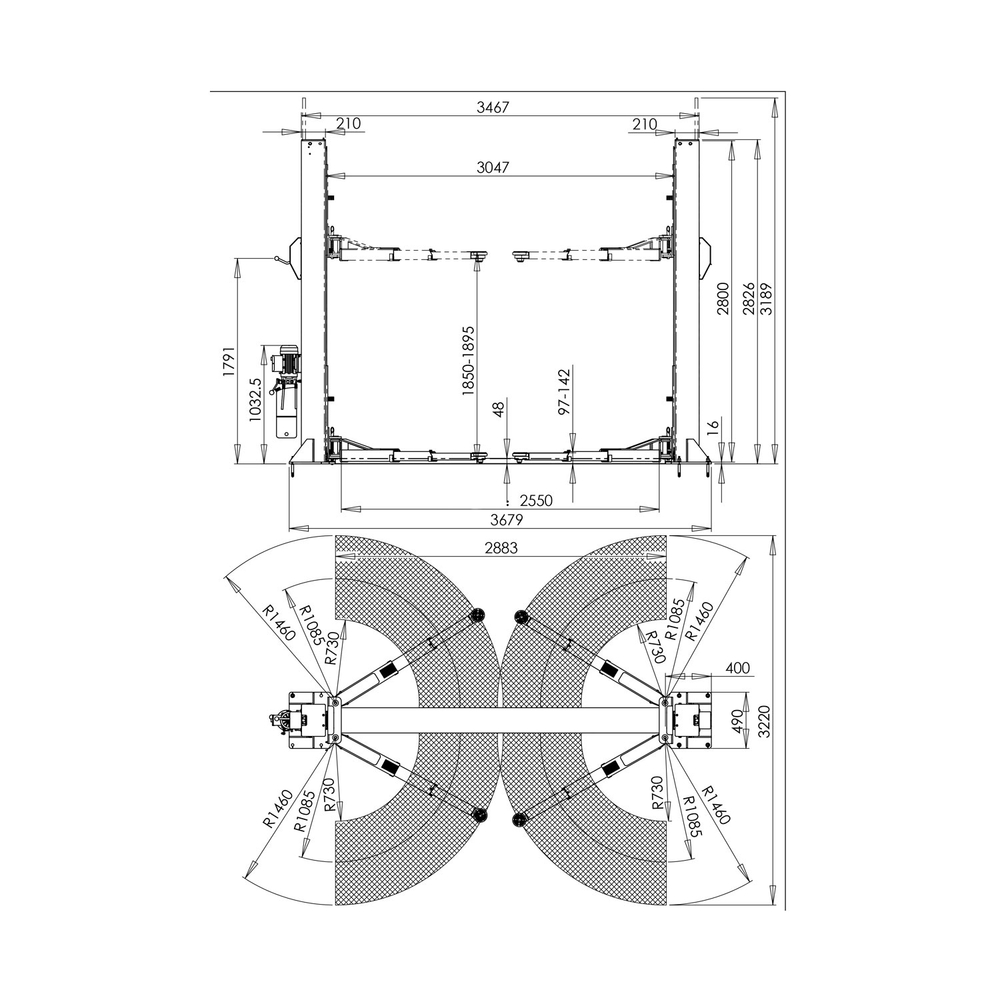 Автоподъемник двухстоечный ROSSVIK V2-5.5 г/п 5,5т, 380В, с нижней синхронизацией. Синий