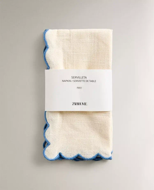 ZARA HOME НАБОР ХЛОПКОВЫХ САЛФЕТОК С КОНТРАСТНОЙ ОКАНТОВКОЙ (УПАКОВКА ИЗ 2 ШТ.), СИНИЙ