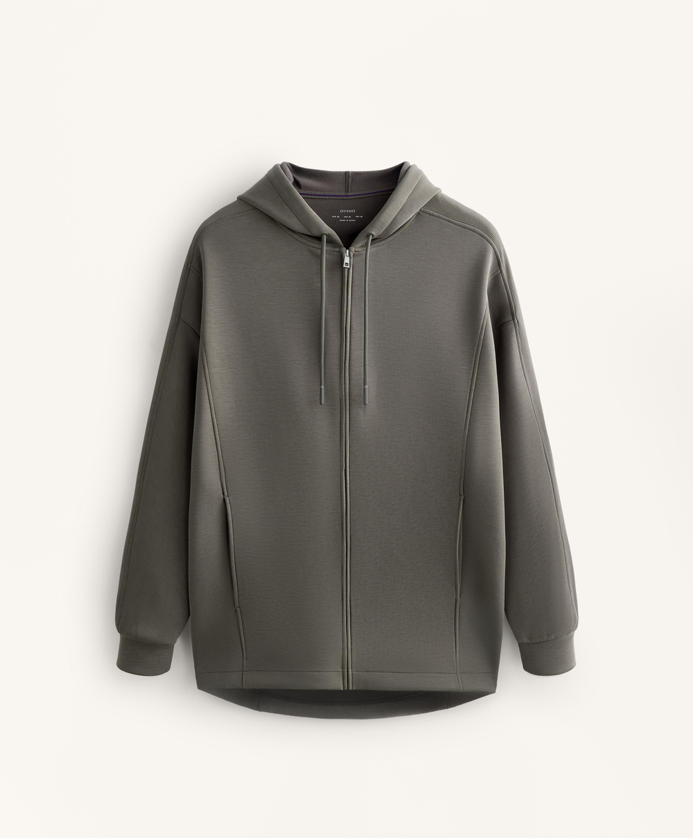 Oysho Длинная куртка с капюшоном, детали в рубчик, из модала с начесом, угольный